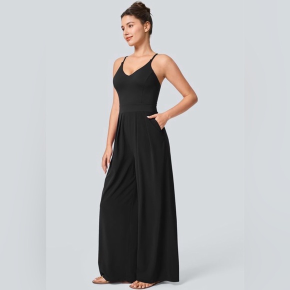 Backless Side Invisible Zipper Pocket Wide Leg Quick Dry Resort Slip Jumpsuit - Picture 3 of 4